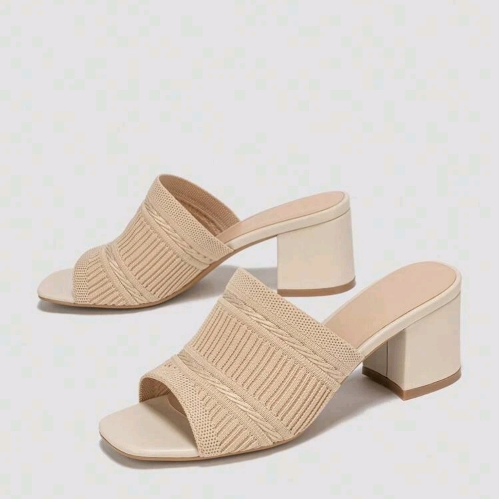 Spring/Summer Fashionable Woven Chunky Heel Women's Camel Color Slipper - Picture 4 of 5